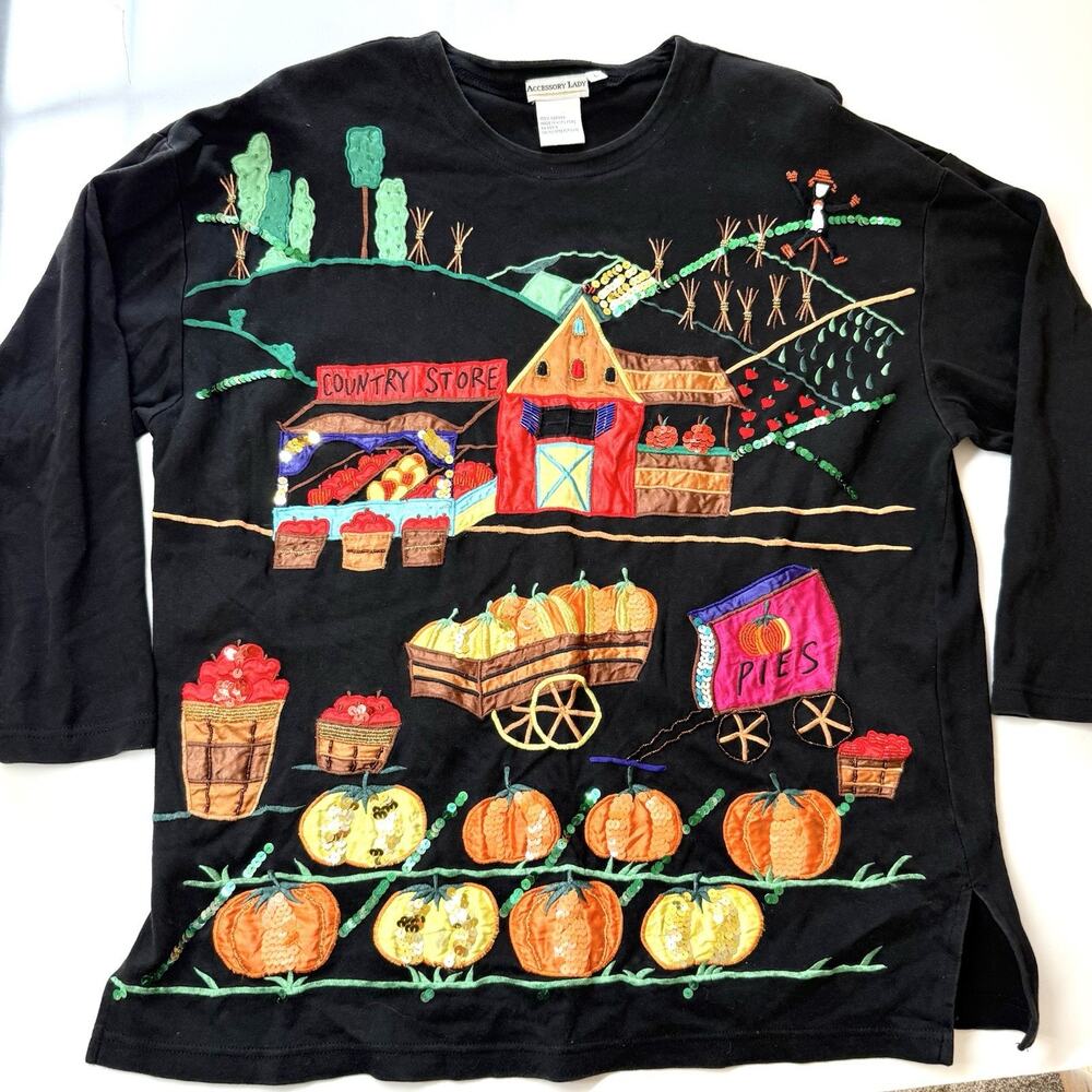 VTG Accessory Lady Sequin Fall Halloween Shirt Womens Large Pumpkin Patch Farm